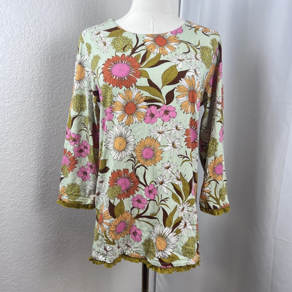 Spartina 449 Top Womens Medium Floral Fringe Hem Tunic Stretch Boho Hippie